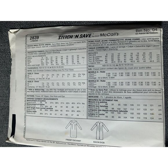 McCall's Misses Dress Sewing Pattern sz 8 10 12 14 2839 - uncut - Picture 3 of 4